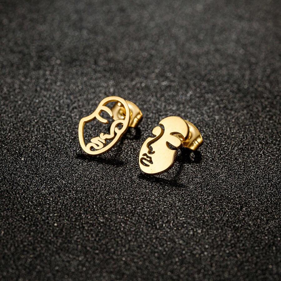 1 Pair Asymmetric Hollow & Solid Abstract Face Earrings, Golden Stainless Steel ,Modern Art Minimalist Ear Jewelry - GED659 - View 1