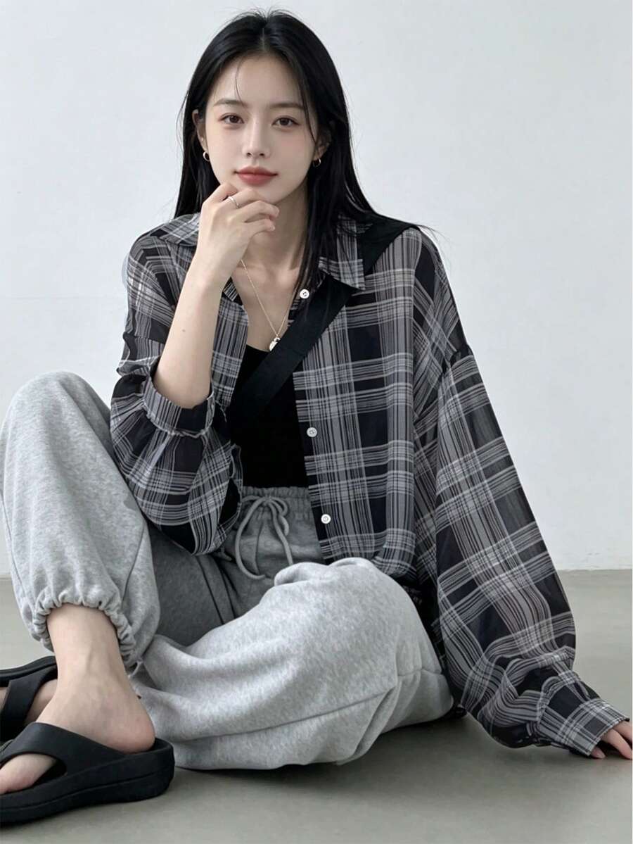 YCYC 韓式風格女款寬鬆慵懶防曬襯衫，百搭時尚青春感薄款外套