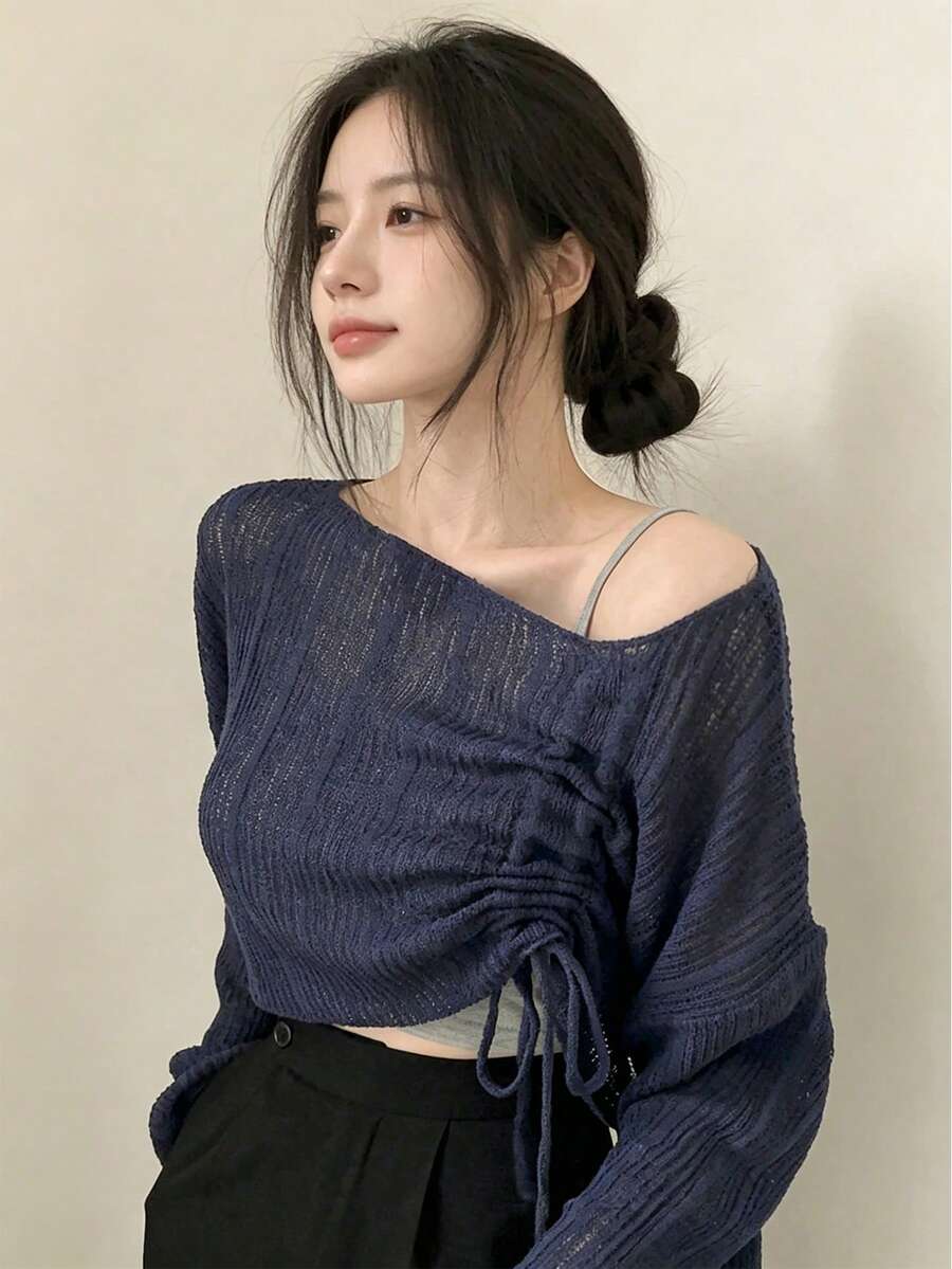 YCYC Women's Tops Korean Style Gentle Design Drawstring Soft Knit Sweater - Navy Blue - View 1