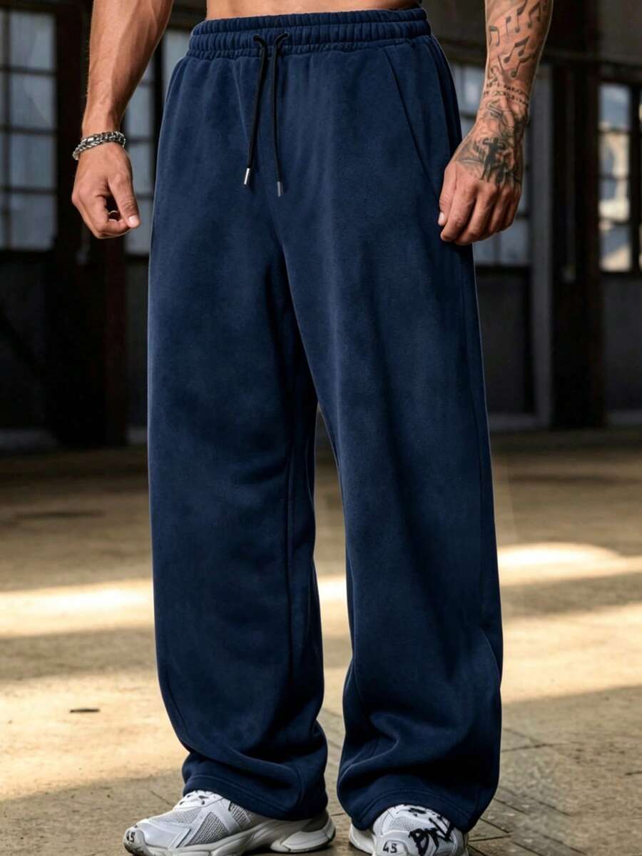 Solid Color Straight Leg Sweatpants, All-Season Wear, Loose Fit, Unisex, Street Casual Style, And Comfortable, Lightweight And Breathable, Fitness, Daily Commute - Navy Blue - View 1