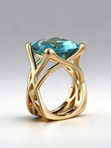 1pc Elegant Cubic Zirconia Ring For Women, Wedding Engagement Party Jewelry, Valentine's Day Gift - Gold + Light Blue - View 6