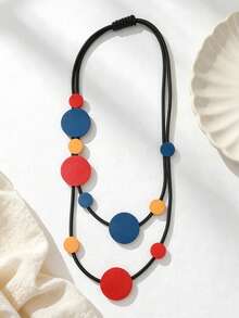 MARLIWOO 1pc Vintage Colorblock Multi-Layer Long Necklace, Colorful Bohemian Party Niche Jewelry - Colorful - View 3