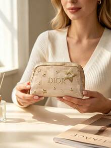 Dior Beige Cosmetic Pouch With Golden Star Embroidery And Dior Logo, Portable And Durable, Travel‑Friendly Makeup Storage Bag, For Personal Use And Gift Giving, DIOR‑GIFT‑199 - Champagne - View 4