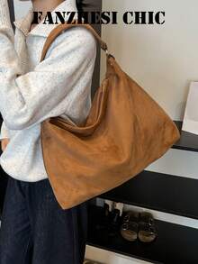 Tote Bag, Minimalist Aesthetic Crossbody Hobo Bag With Side Bow Accessory, Contrast Color Metal Rivet Buckle, Detachable Shoulder Strap, Soft Slouchy Lazy Silhouette, Zipper Closure, Women's Student Campus Commute Handbag Shoulder Large Bag - Brown - View 6