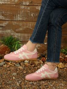 Women's Round Toe Colorblock Soft Sole Flat Lace-Up Style Retro Casual Sneakers For Spring And Autumn Daily Wear - Pink - View 6