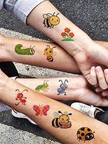 10 Sheets Insects Temporary Tattoos, Bees, Caterpillars, Butterflies Pattern Tattoo Stickers For Women And Men, Cartoon Fake Tattoo Body Stickers Suitable For Party, Birthday Gifts - Multicolor - View 2