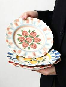 1pc French Wave Edge Fruit Ceramic Plate, Hand-Painted Plaid Plate, 8inch Plate, Steak And Pasta, Perfect For Bread, Cake, Dessert, Fruit, Salad, Mother's Day, Thanksgiving - Multicolor - View 3
