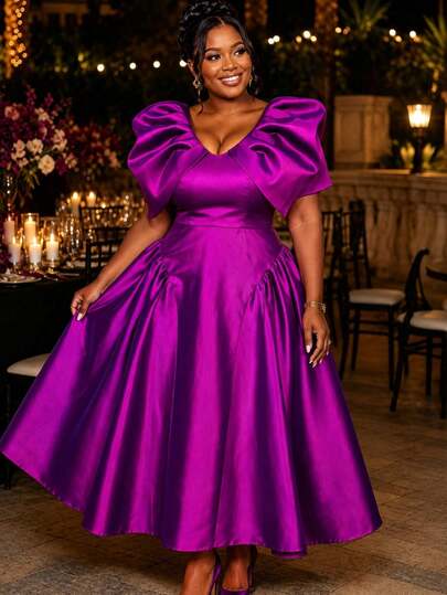 Plus Size Women Elegant Purple Satin A Line Maxi Dress With Ruched Petal Sleeve Party Dresses Wedding Guest Formal Occasion
