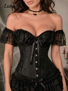 Luna Muse Women's New Off-Shoulder Ruffle Lace Short Sleeve Bustier Top, Palace Style Embossed Jacquard Boned Slimming Corset. Y2K Sexy Vintage Sexy Eye-Catching, Front Tie Tube Waist-Cinching Tight Corset, Gentle Atmosphere High-End Feel, Suitable For Daily, Casual, Party, Vacation, Date, Street, Performance, Show, Outdoor, Back To School, French Vintage Style, Music Festival, Valentine's Day, Halloween, Christmas, New Year, Party Wear. - Black - View 6