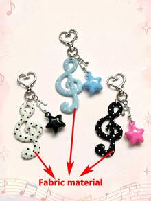 1pc Korean Style Ins Retro Sweet Polka Dot Fabric Musical Note Keychain Pentagram Heart Star Musical Note Bag Charm (Fabric Musical Note) (Note: Musical Note Material Is Fabric) - Multicolor - View 3