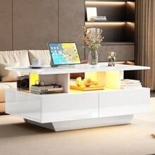 Modernt soffbord med högblank finish, LED-belysning och två lådor: elegant sidobord 90x55x41 cm med förvaringsutrymme, tål upp till 30 kg. - Vitt - Visa 5