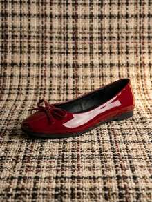 Fashionable Burgundy Patent Leather Ballet Flats With Bow Decor, Women's Square Toe Shoes, Suitable For Parties, Evening Events And Daily Wear - Red - View 5