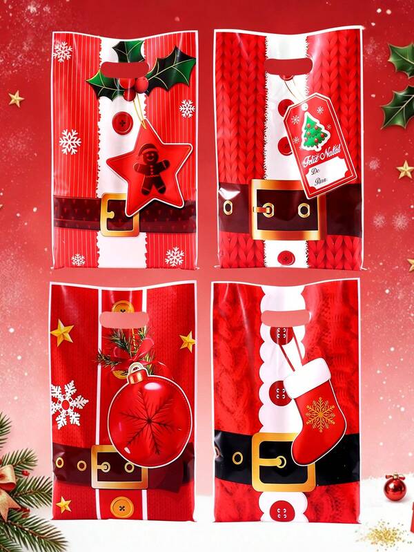 10/20/50pcs Christmas Gift Bags, Red Santa Claus&Belt Shaped Design, Reusable Plastic Tote Bags, For Winter Holiday Party Favors, Small Business Packing, Xmas Gift Wrapping Bags, Christmas Decor