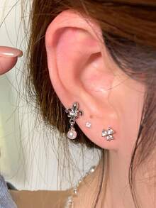 1pc Vintage Iris Flower Cartilage Ear Stud With Zirconia And Pearl Dangle Screw Back Piercing Earring For Women - Silver - View 6