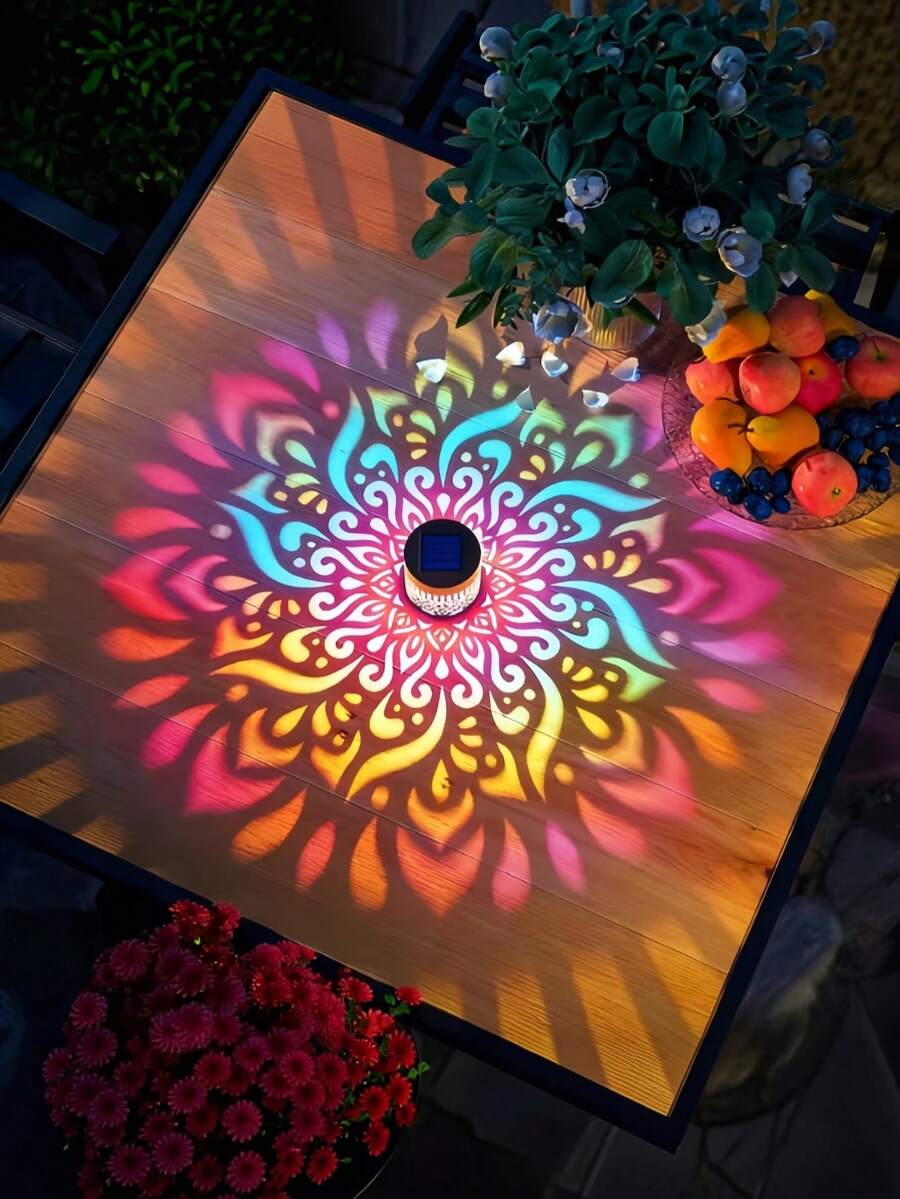Solar Powered Outdoor Projection Wall Light, Waterproof Automatic Switch, Mandala Pattern LED Landscape Light, Warm White Color Changing Decorative Light For Garden, Fence, Patio, Yard, Pathway, Backyard, Holiday Party Decoration
