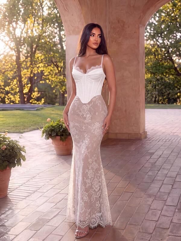 ADYCE Elegant Spaghetti Strap Cinched Waist Backless Fitted Lace Corset Long Dress, Holiday Party Gown, Homecoming Dance, Wedding Guest, Formal Dinner, Christmas