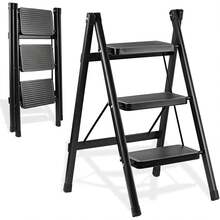 3 Step Folding Metal Ladder, Heavy‑Duty Lightweight Step Stool, Non‑Slip Portable Ladder For Indoor Home And Outdoor DIY Work Use - 3-tier Black - View 11