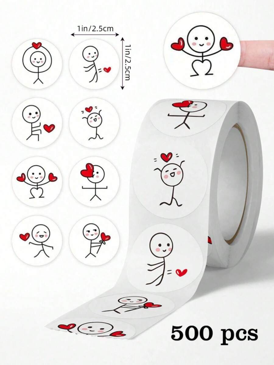 500pcs/Roll Stick Figure Stickers, Cartoon Cute Creative Round Label Stickers, Planner Sealing Stickers - Multicolor - View 1