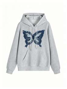 Grey Denim Butterfly Patchwork Sweatshirt, Women's Y2K Sweet & Cool Style, Loose Lazy Casual Top For Autumn/Winter - Light Grey - View 3