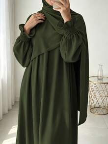 Busana Sehari-hari Wanita Timur Tengah, Set Hijab dan Abaya 2 Potong yang Serasi, Gaun Panjang Lengan Mengembang Longgar dengan Manset Elastis - MultiWarna - View 24