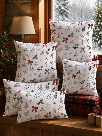 MEMNUN 1PC/2PCS Merry Christmas Winter Christmas Fresh Christmas Bow & Foliage Print Waffle Pillow Case 30*50/40*60/40*40/45*45/50*50cm Made Of Polyester Material Christmas Decor Home Decor Christmas Plant Hand-Painted Holly Red Berry Winter Christmas Theme Decoration Sofa Cushion Cover Single-Sided Print Hidden Zipper No Pillow Insert Living Room, Sofa, Bedroom, Car Home Decor