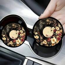 Vintage Floral Car Cup Mats, Set Of 2. Retro Vinyl Style With Non-Slip Surfaces. Stylish Design, Suitable For Use In Cars And Other Locations. - Vintage Floral - View 2