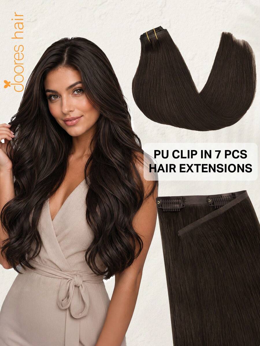 DOORES 14-24 Inch Seamless Clip-In Hair Extensions, 130g-160g 7pcs Real Human Hair Invisible PU Skin Weft, Dark Gold Highlights Bleached Gold, Natural Remy Straight Hair, Easy To Wear - S2A - View 1