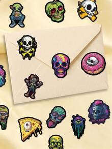 50Pcs PP Cool Colorful Skull Stickers, Graffiti‑Style Funny Patterns Of Skulls, Zombies And Halloween Monsters, Suitable For Journals, Water Bottles, Notebooks, Storage Boxes, Skateboards, Helmets, Luggage, Laptops - Multicolor - View 6