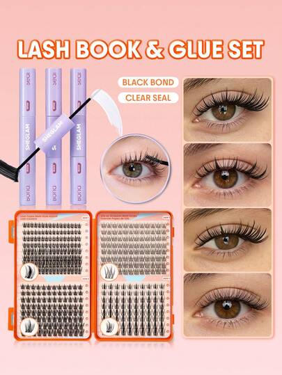 SHEGLAM [2 piezas] Lash Pages Conjunto de racimos de pestañas híbridas de varios estilos & adhesivo flexible Lash Bond y sellador