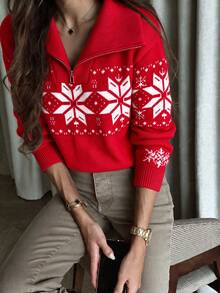Christmas Red Half-Zip Collar Sweater, Casual Holiday Vacation Date Wear - Red - View 5