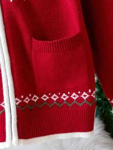 Girls' Preppy Floral Pattern Knit Cardigan With Pockets And Hood, Long Sleeve, Suitable For Daily Wear, School, Spring, Autumn, Winter - Red - View 6