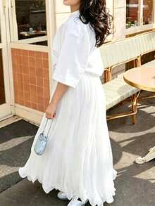 Women's Solid Color Minimalist Round Neck Short Sleeve Top And Long Skirt 2 Pieces Set - White - View 2