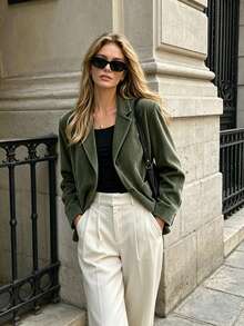 Women's Vintage Blue Vertical Striped Velvet Loose Fit Blazer Jacket, Single-Breasted Design, Relaxed Fit, Casual & Versatile For Autumn Fall - Green - View 2