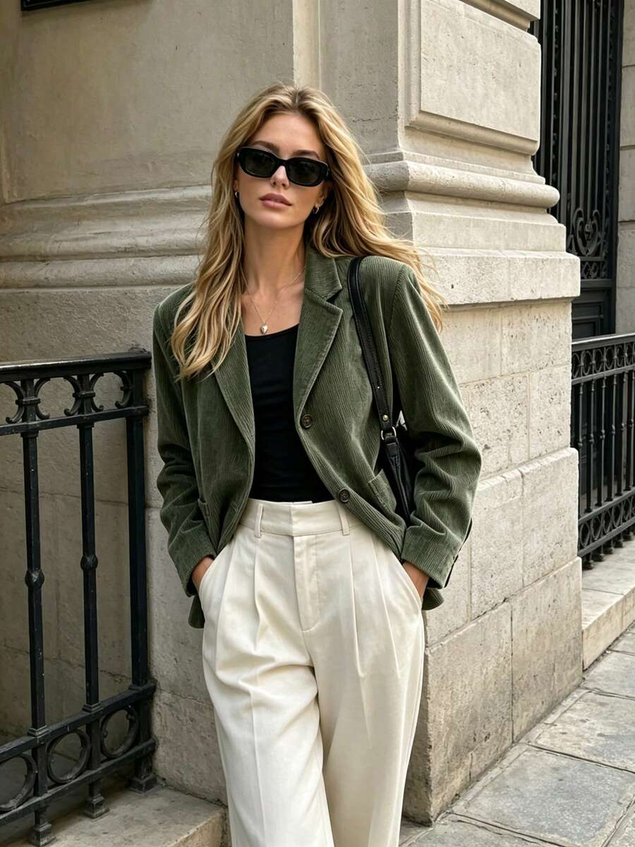Women's Vintage Blue Vertical Striped Velvet Loose Fit Blazer Jacket, Single-Breasted Design, Relaxed Fit, Casual & Versatile For Autumn Fall