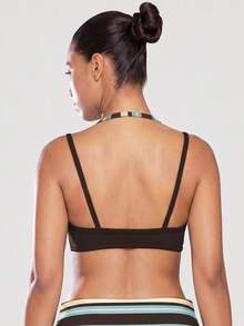 Sodalemon Women's 2 In 1 Striped Colorblock Yoga Sports Bra, Halter Neck Double Strap Padded Backless Gym Pilates Workout Top - Brown - View 6