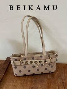 1pc Polka Dot Pattern Suede Tote Bag, Strap Metal Eyelet Decor Shoulder Bag Baguette Bag, Suitable For University, Commute, Shopping, Street Shopping, Daily Use - Khaki - View 1