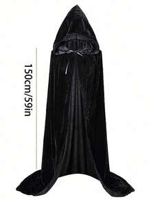 Halloween Black Velvet Witch Hat With Hood And Long Cape Set, Party Cosplay And Dark Wizard Costume Accessories - Black - View 5