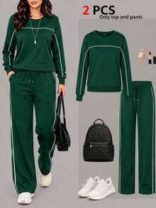 Women's Summer Casual Sports Colorblock Striped Side Long Sleeve T-Shirt And Loose Wide Leg Pants Set, Back To School Season - Dark Green - View 2