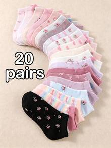 1/5/10/20 Pairs Random Cute Floral Bow Print Ankle Socks, Halloween Fall Clothes For Little Girls Sweet Pastel Color Daily Wear Socks For Girls - Multicolor - View 2