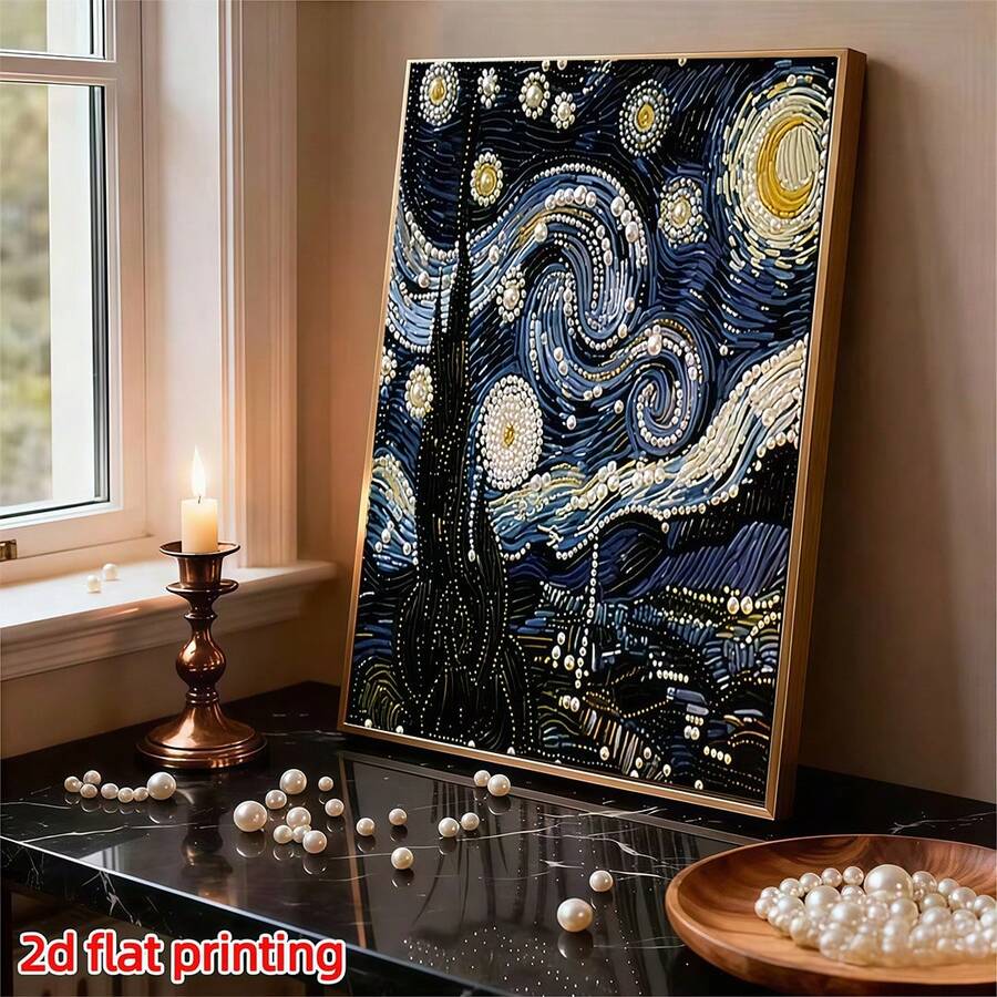 全新珍珠鑽石貼畫 Van Gogh 星夜主題無框 DIY 手作鑽石畫創意套裝，適合臥室裝飾、客廳牆面藝術、房間佈置、藝術品，朋友生日禮物、聖誕節、新年、情人節、節日禮物，充滿新穎與創意
