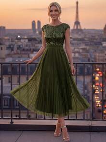 EVERPRETTY Elegant Sequin Mother Of The Bride Midi Dress Straight Sleeve A-Line Olive Green Tulle Wedding Guest Dress For Formal Wedding Garden Semi Formal - Olive Green - View 2
