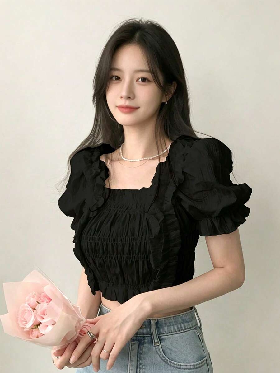 YCYC 夏季甜美純色休閒花瓣袖方領上衣 - 黑色 - 查看 1