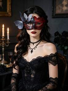 Gothic Black & Red Butterfly Venetian Masquerade Mask, Glitter Trim Half Face Mask For Women, Halloween Cosplay Carnival Party Costume Accessory - Multicolor - View 6