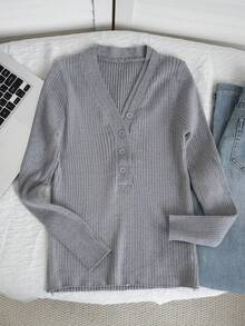 Korean Style Casual Commute Early Autumn V-Neck Long Sleeve Knit Sweater Women's Autumn/Winter Inner Layer Base Layer Button Double Layer Collar Design Slim Fit Minimalist Sexy Sweater Top - Grey - View 8