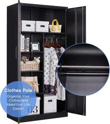 Metal Armoire Wardrobe Closet Cabinet, Clothes Storage Locker With Hanging Rod, Lockable Steel Garment Storage Organizer Furniture, Modern Industrial Decor, Black, 1 Piece - Black - View 8