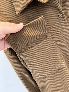 Women's Corduroy Jacket, Elegant Lapel, Casual Button Front, Solid Color, Machine Washable, Suitable For Spring And Autumn - Coffee - View 10