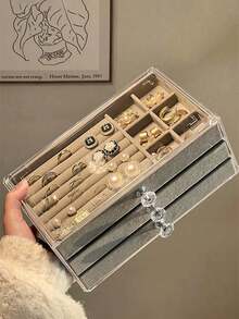 Transparent Acrylic Jewelry Storage Box, Large Capacity Desktop Drawer-Style Storage Box, 5-Layer Acrylic Jewelry Box, Velvet Jewelry Tray, Portable Jewelry Display Box, Stackable Drawer-Style Storage Rack - Multicolor - View 12