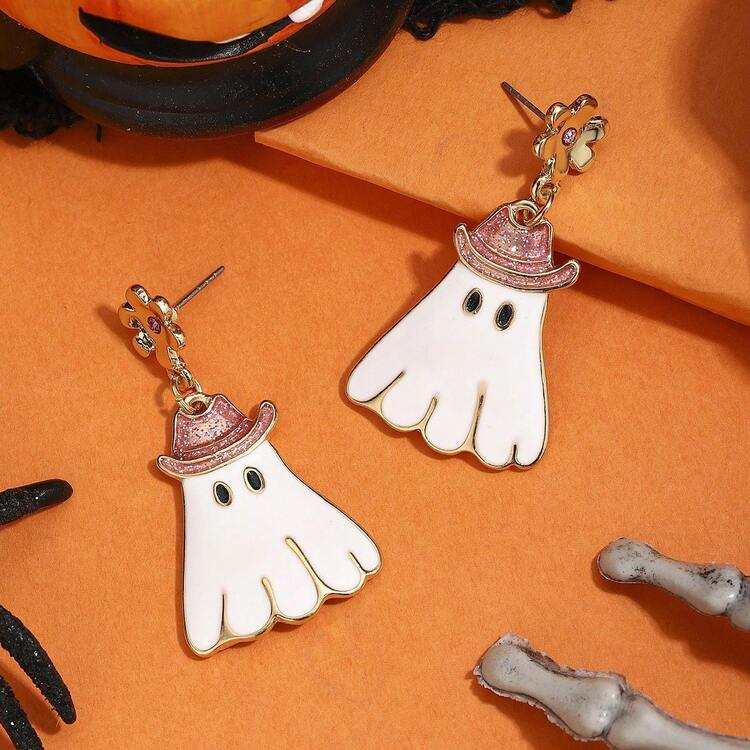 Halloween Enamel Pendant Earrings, Cowboy Hat Ghost Design Flower Rhinestone Dangle Earrings, Suitable For Holiday Parties - Multicolor - View 5