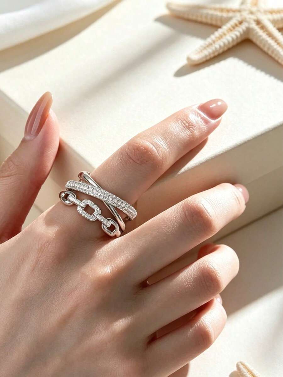 1pc Fashionable Exquisite Cross Chain Ring, Light Coffee Gold Electroplated Zirconia Minimalist Ring - Cross- Ring - View 1