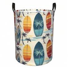 1pc Vintage Surfboard & Palm Tree Print Collapsible Laundry Basket With Handle, Tropical Beach Style Dirty Clothes Storage Bin, Suitable For Bedroom, Bathroom And Summer Home Decor - Multicolor - View 6